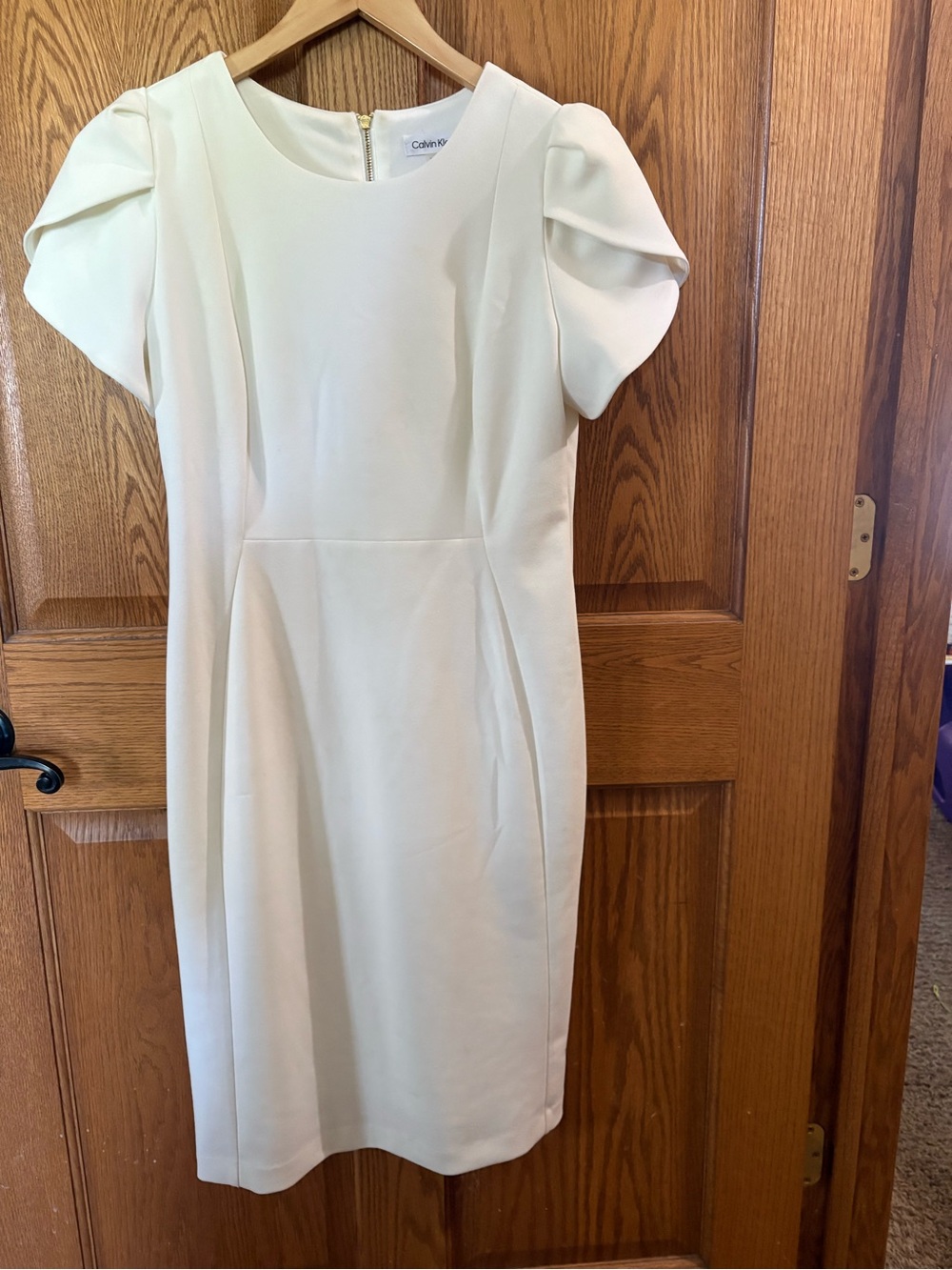 Calvin Klein Cream Puff-Sleeve Midi Sheath Dress